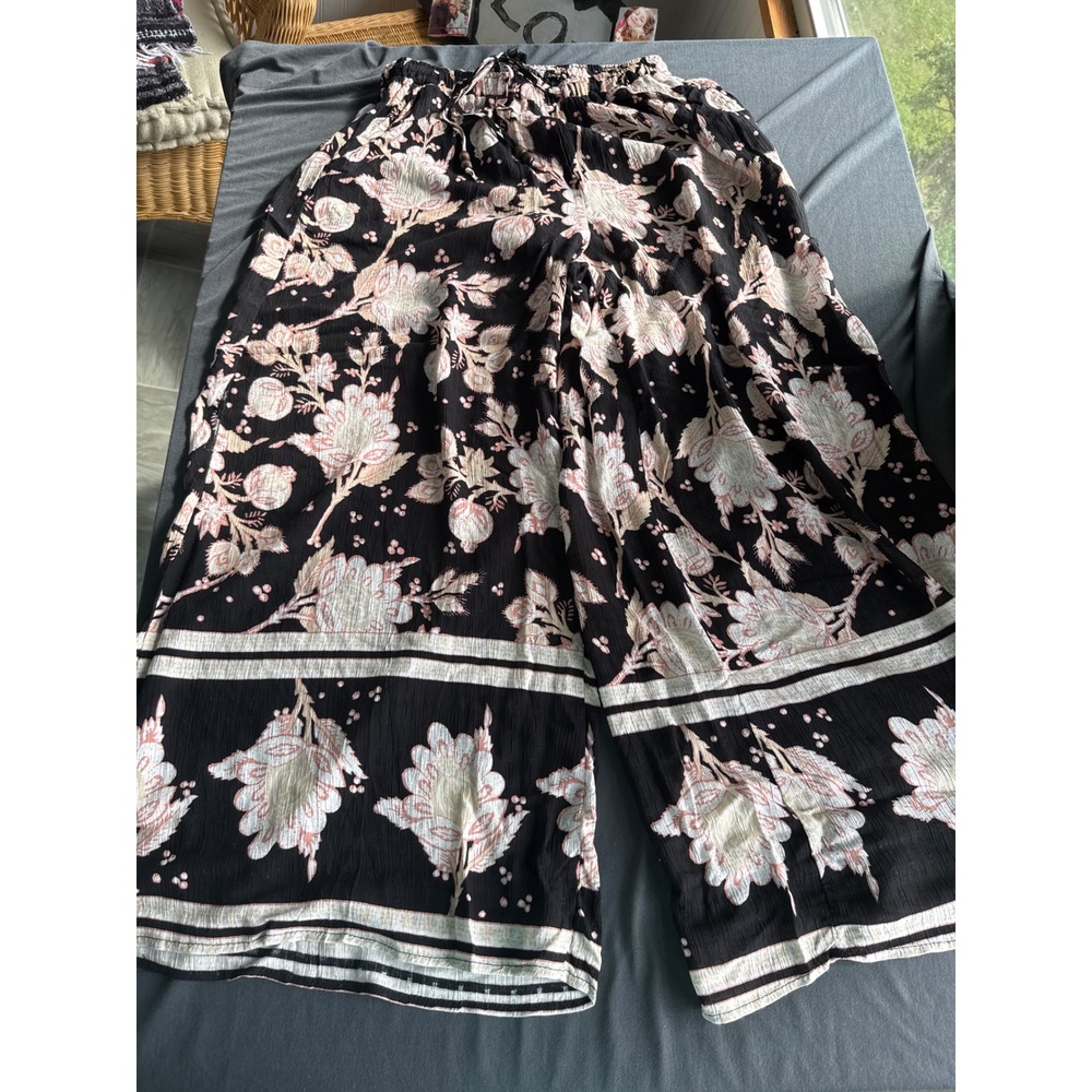 Rachel Zoe Black Floral Wide Leg Palazzo Pants Gauze Drawstring Small NWT